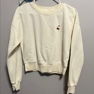 Pink Rose Cream Sweatshirt with Cherry Embroidery